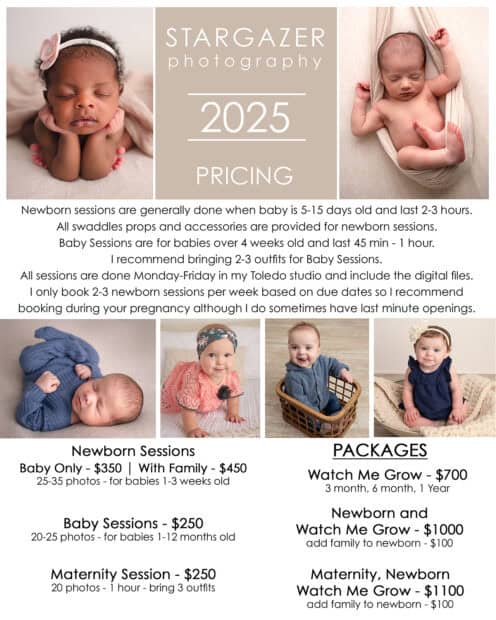 Toledo Baby Photographer price sheet
